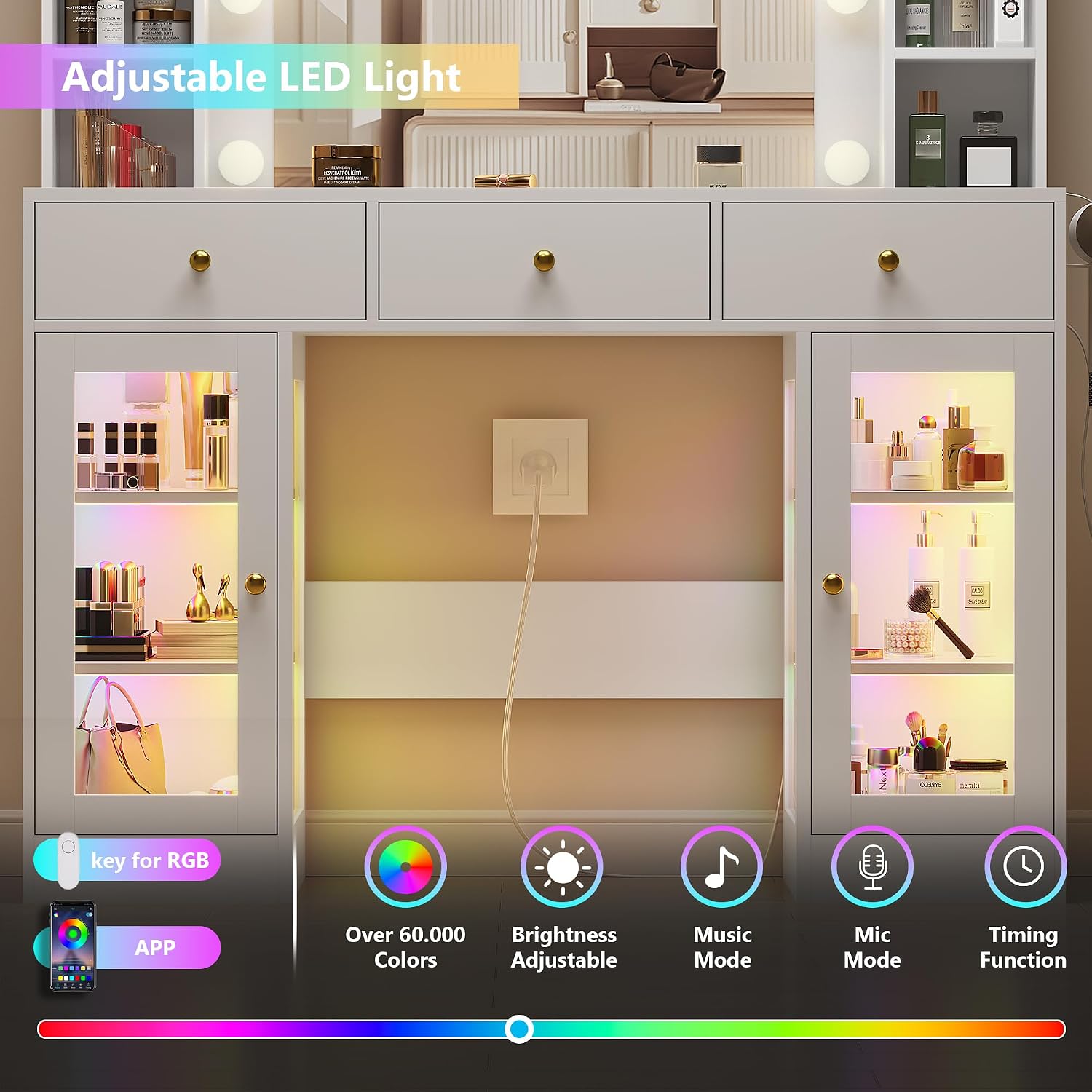 HUANLEGO White Vanity Desk with Mirror and Lights, Glass Top Vanity with Lighted Mirror & RGB Glass Cabinet and 3 Drawers, Makeup Vanity Desk with Lights Dressing Table for Bedroom, 3 Color Modes