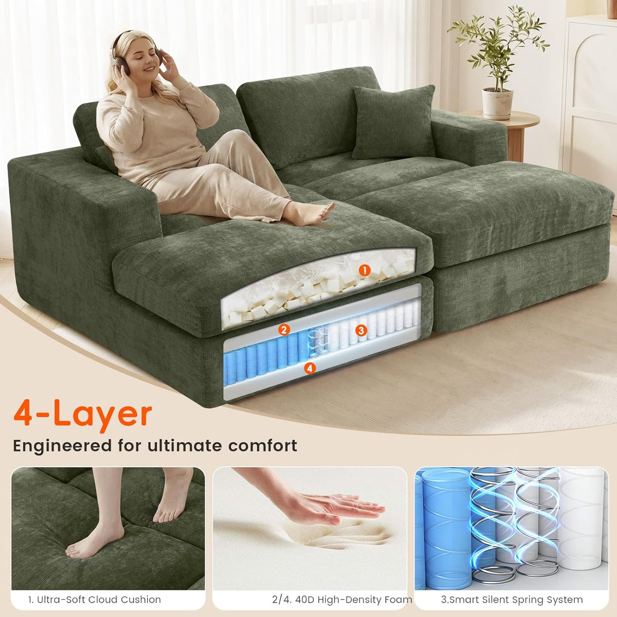 80.7" Oversized Double Chaise Lounge Chair Indoor, Cloud Sleeper Sofa Bed with 4 Pillows, Extra Deep Seat Cozy Loveseat Couch for Living Room Bedroom, No Assembly Required (Green)