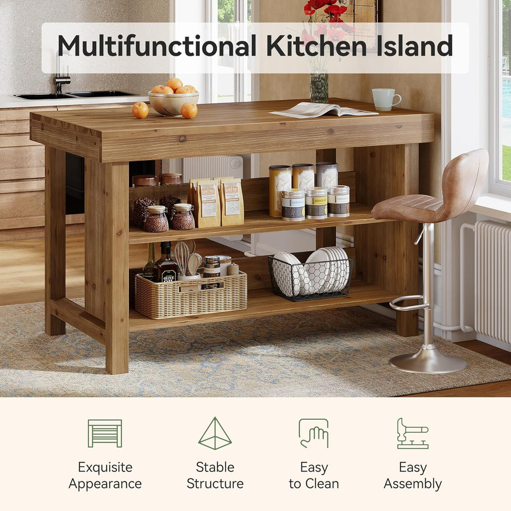 55" Solid Wood Kitchen Island with Storage, Farmhouse Kitchen Island Table with 3-Tier Open Shelves and Large Countertop for Kitchen, Dining & Living Room, Oak