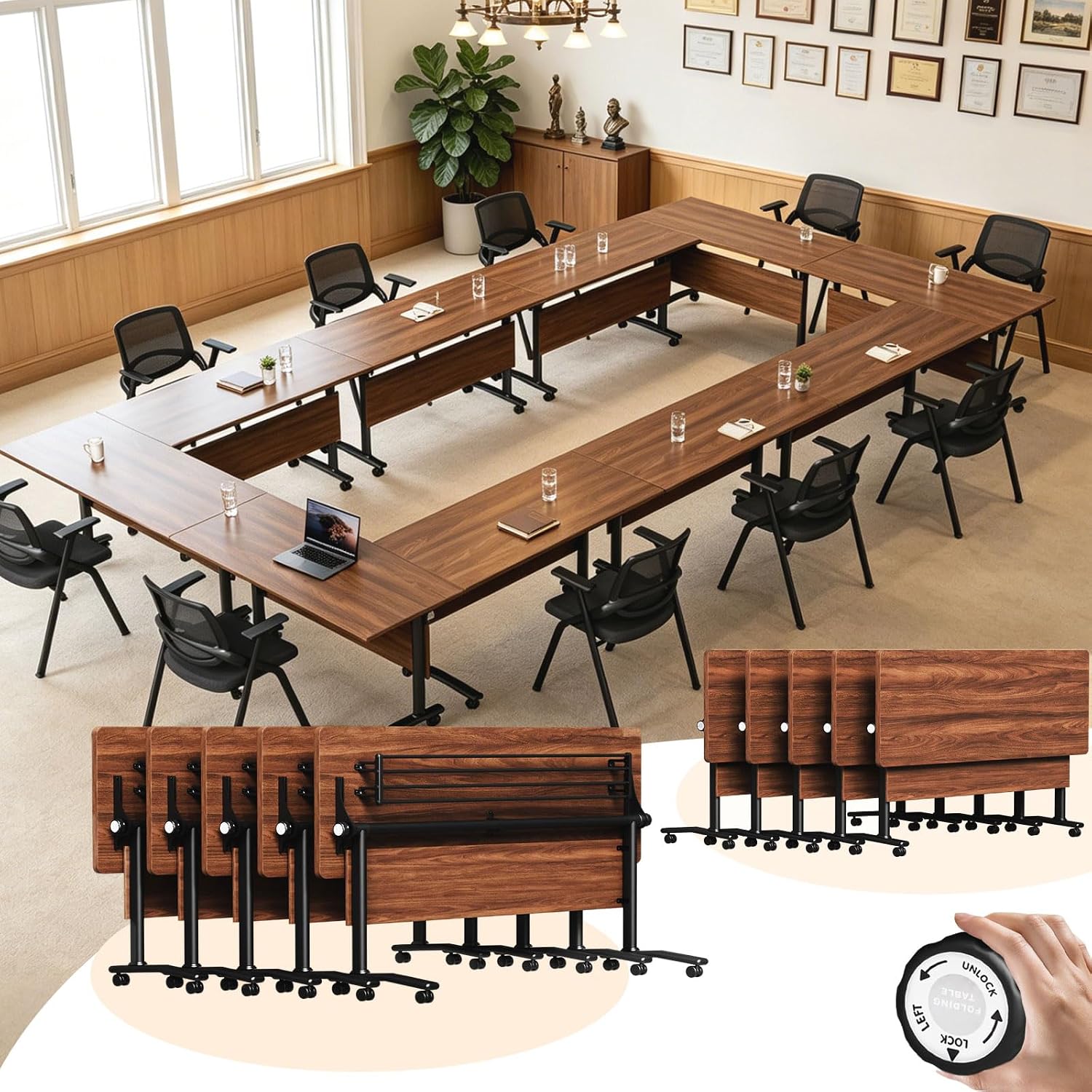 Folding Conference Table for 2-30 Person Modern Large Flip-Top Mobile Meeting Tables with Locking Wheels,Conference Room Table for Office Training Modular Seminar Table (10, Walnut, L70.9in)