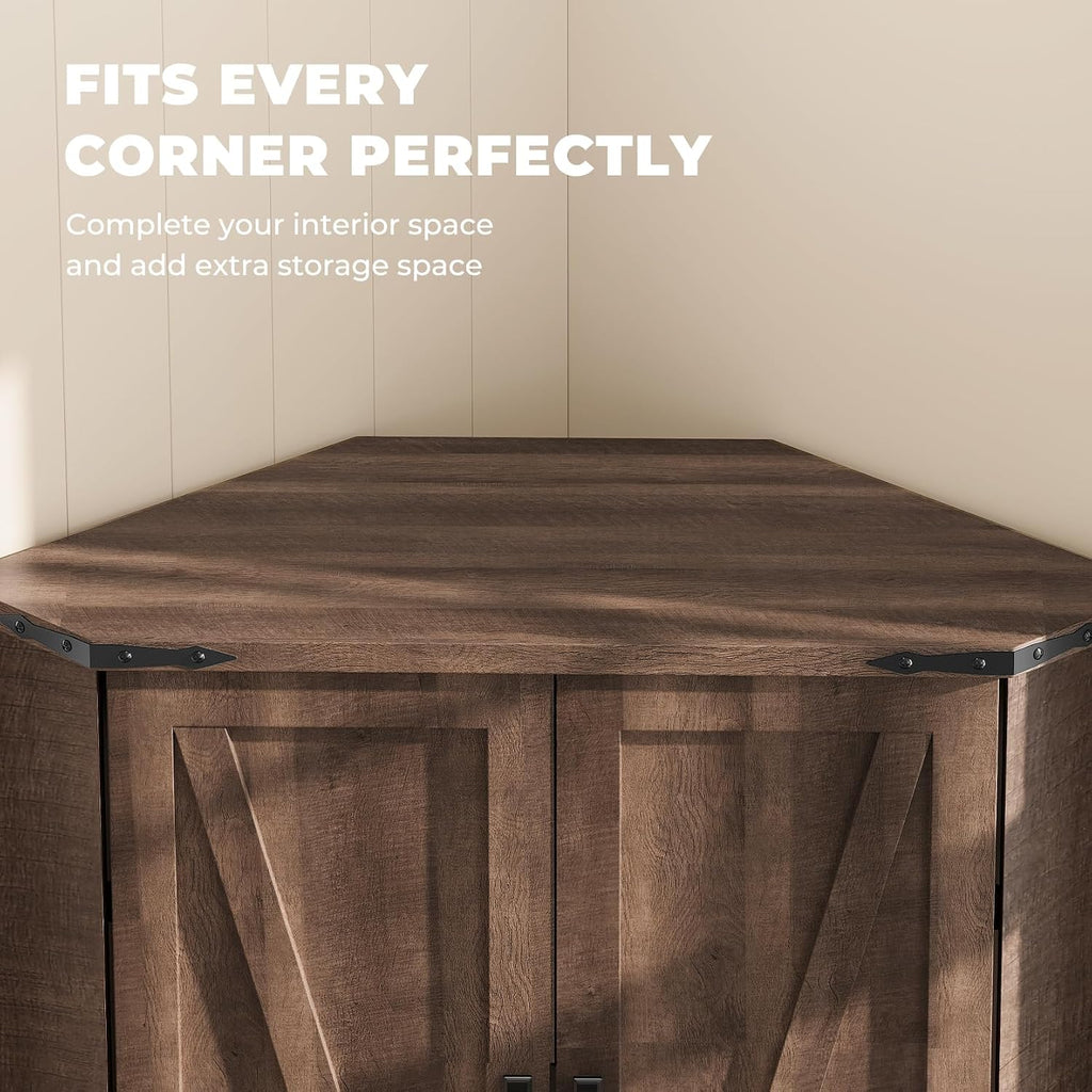 Dripex 71" Corner Cabinet Brown, Farmhouse Kitchen Pantry Cabinet with Doors Storage & Adjustable Shelves, Tall Corner Storage Cabinet with LED Light, Food Pantry for Living Room, Dining Room