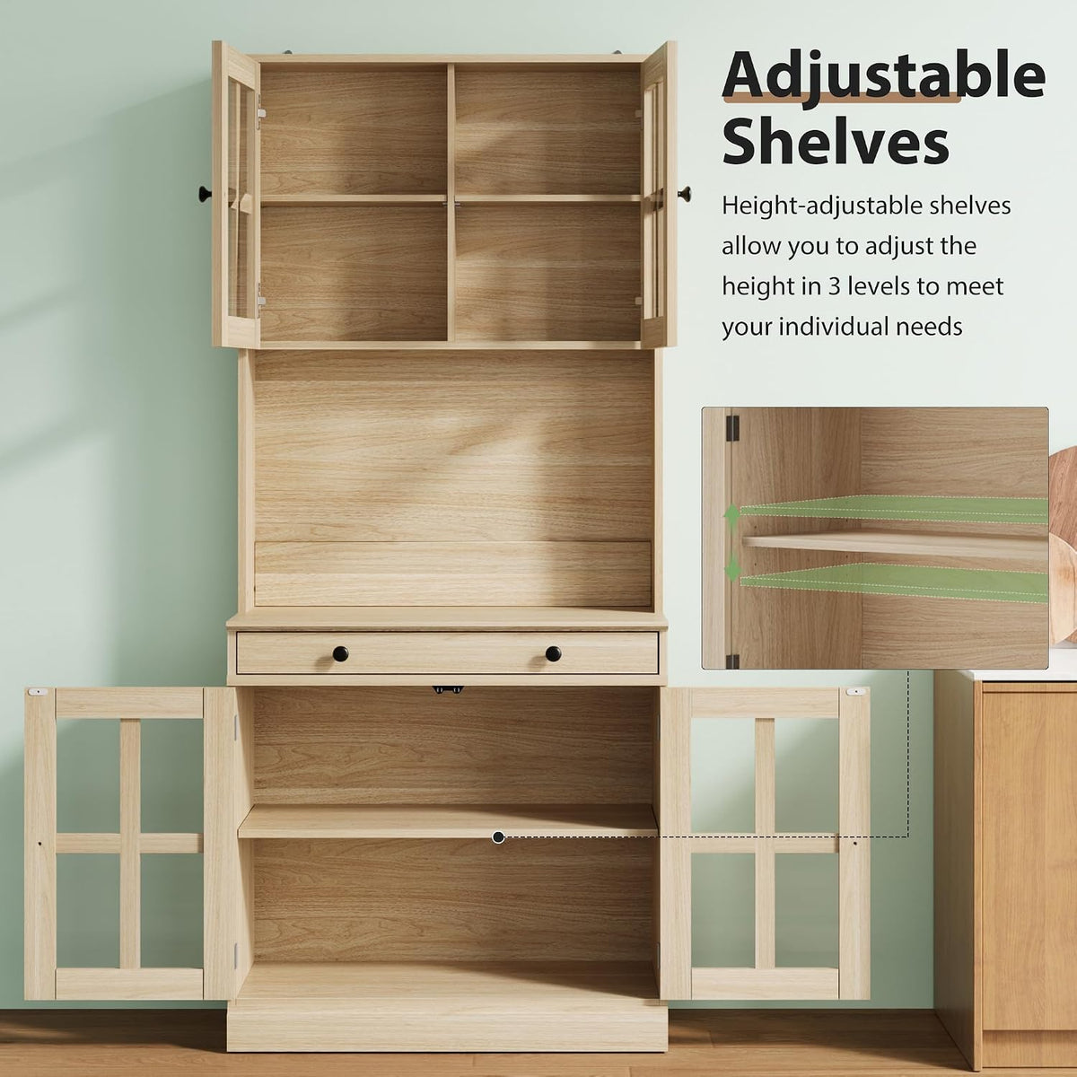 IDEAHOUSE 72 Inch Kitchen Pantry Cabinet with Glass Doors, Drawer and Adjustable Shelves, Farmhouse Tall Storage Cabinet with Open Countertop, Wood