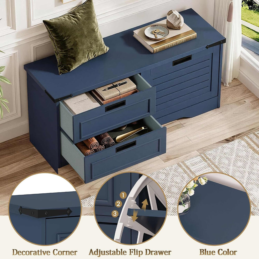 FATORRI 41 Inch Storage Bench, Industrial Shoe Bench for Entryway, End of Bed Bench and Window Bench for Living Room, Bedroom and Mudroom (Blue)