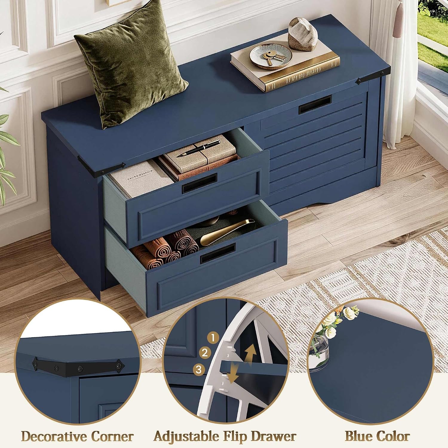FATORRI 41 Inch Storage Bench, Industrial Shoe Bench for Entryway, End of Bed Bench and Window Bench for Living Room, Bedroom and Mudroom (Blue)