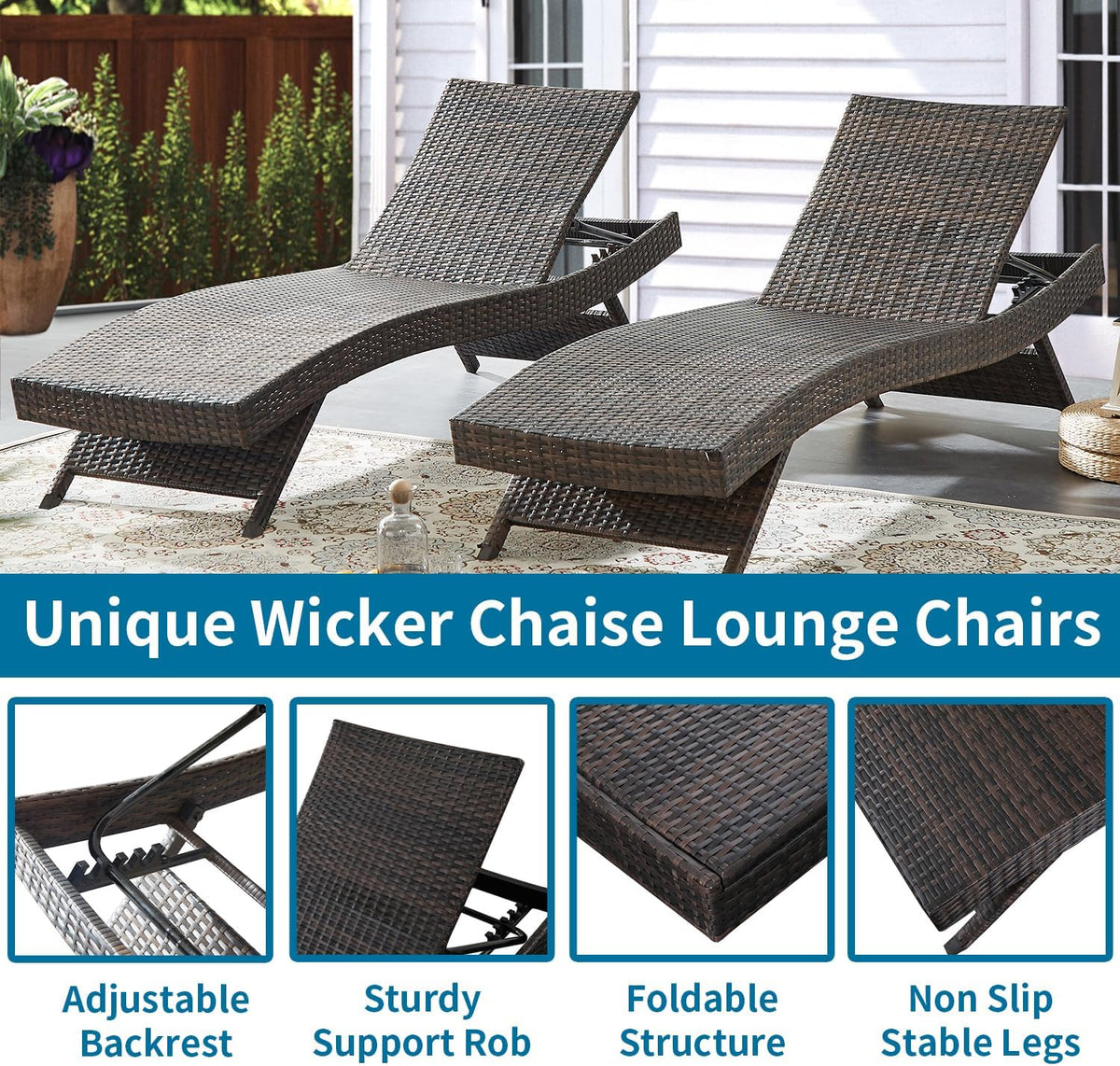 PE Rattan Adjustable Backrest Chaise Lounge Set 2, Outdoor Pool Recliner Patio Chairs Lounge Chair Set 2 for Outside Beach Poolside Sunbathing