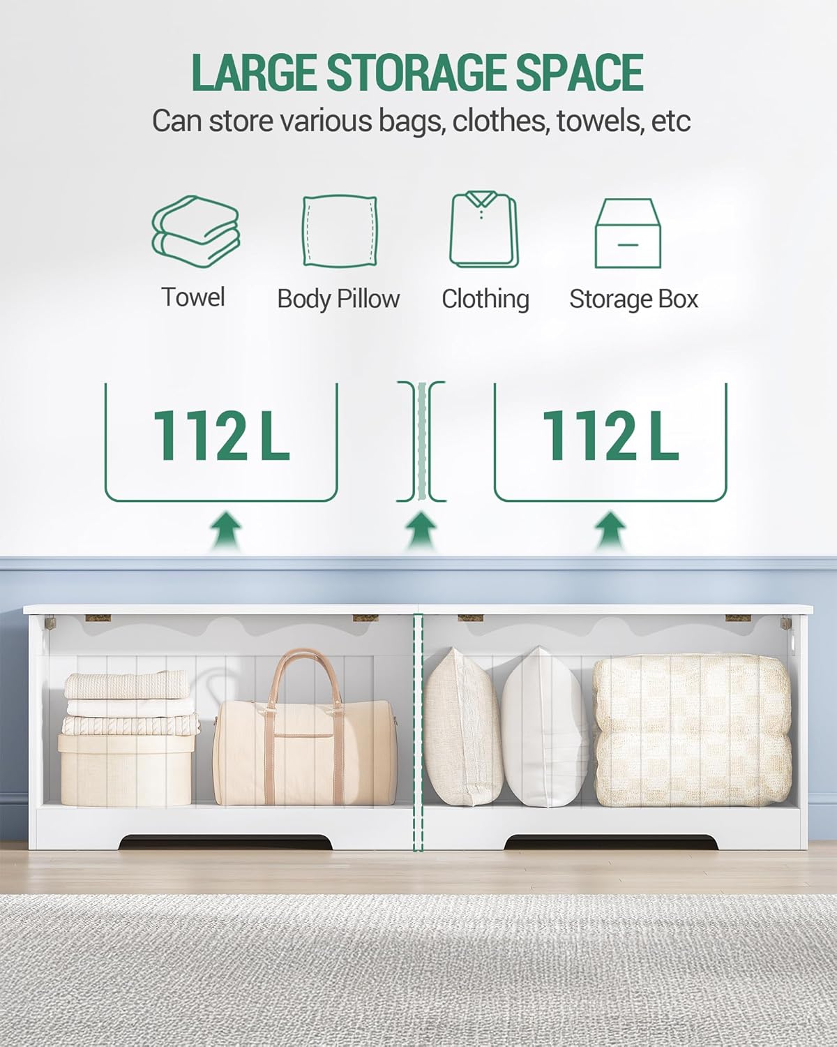 Hzuaneri 59" Storage Chest, Storage Bench Trunk with 2 Hinges, Wooden Box, Lift-Top Chest Organizer, Shoe Bench for Entryway, Bedroom, Living Room, White SB01503X