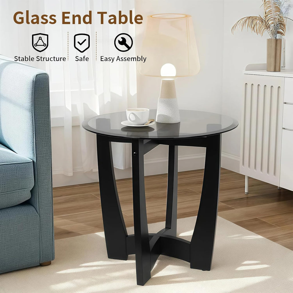 LKTART Glass End Table, 23.5" Round Side Tables with Black Tempered Glass Top Cross and Solid Wood Base Small Night Stand for Living Room Office Apartment Black