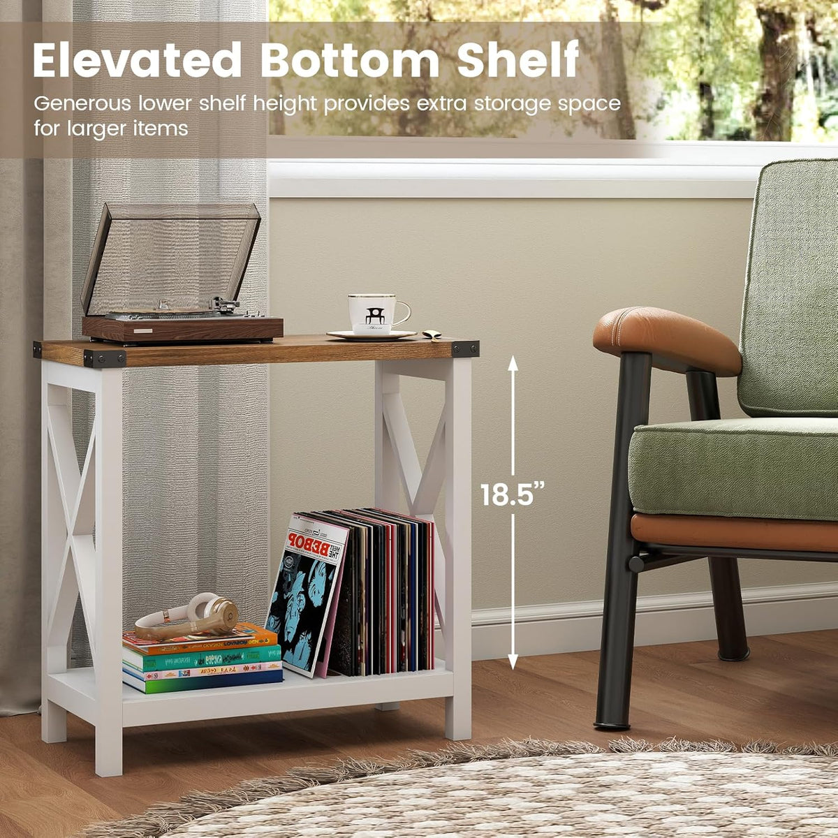 Hadulcet Farmhouse End Tables Living Room Set of 2, Narrow Side Table with Charging Station, Slim Nightstand for Small Space, Skinny Bedside Table, Sofa Side Table with Storage Shelf, White & Brown