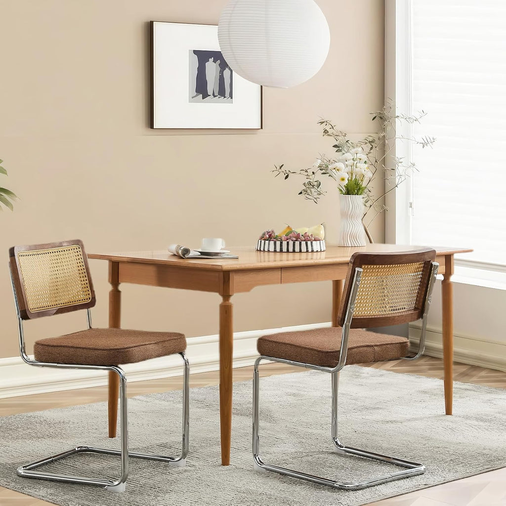 Rattan Back Linen Dining Chair Set of 4 Modern Breuer Designed Stainless Chrome Base Armless Upholstered Dining Chair for Dining Room, Kitchen Island(Coffee)