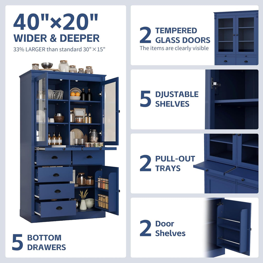Tall Kitchen Pantry Cabinet with Glass Doors, Display Cabinet Coffee Bar Cabinet with Drawers, Serving Trays and Shelves for Dining Room, Living Room (Blue)