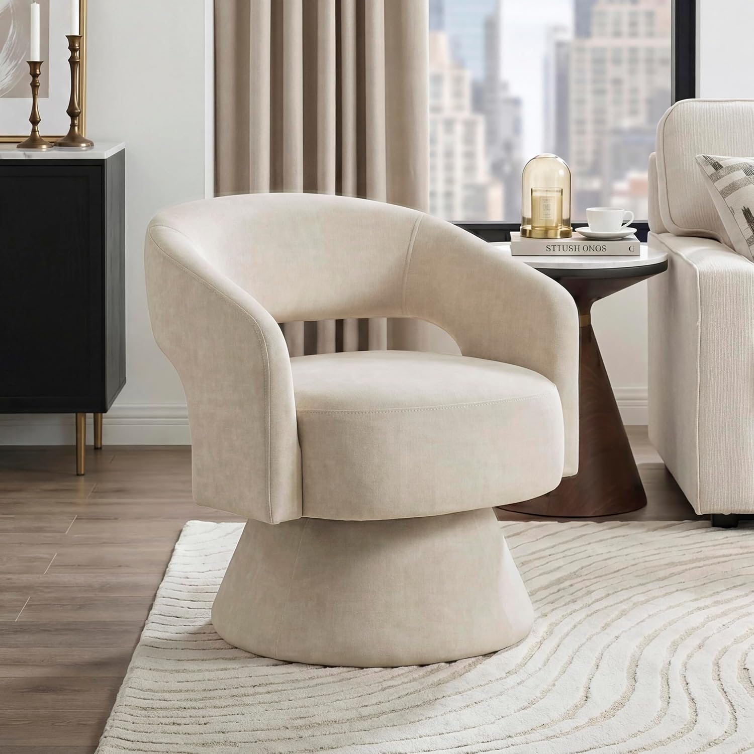 Lexicon Swivel Accent Chair, Modern Velvet Round Barrel Chair, Taupe | Swivel Chair with Open Back, Plush Foam Cushions, Metal Swivel Base for Living Room/Bedroom/Office/Small Spaces