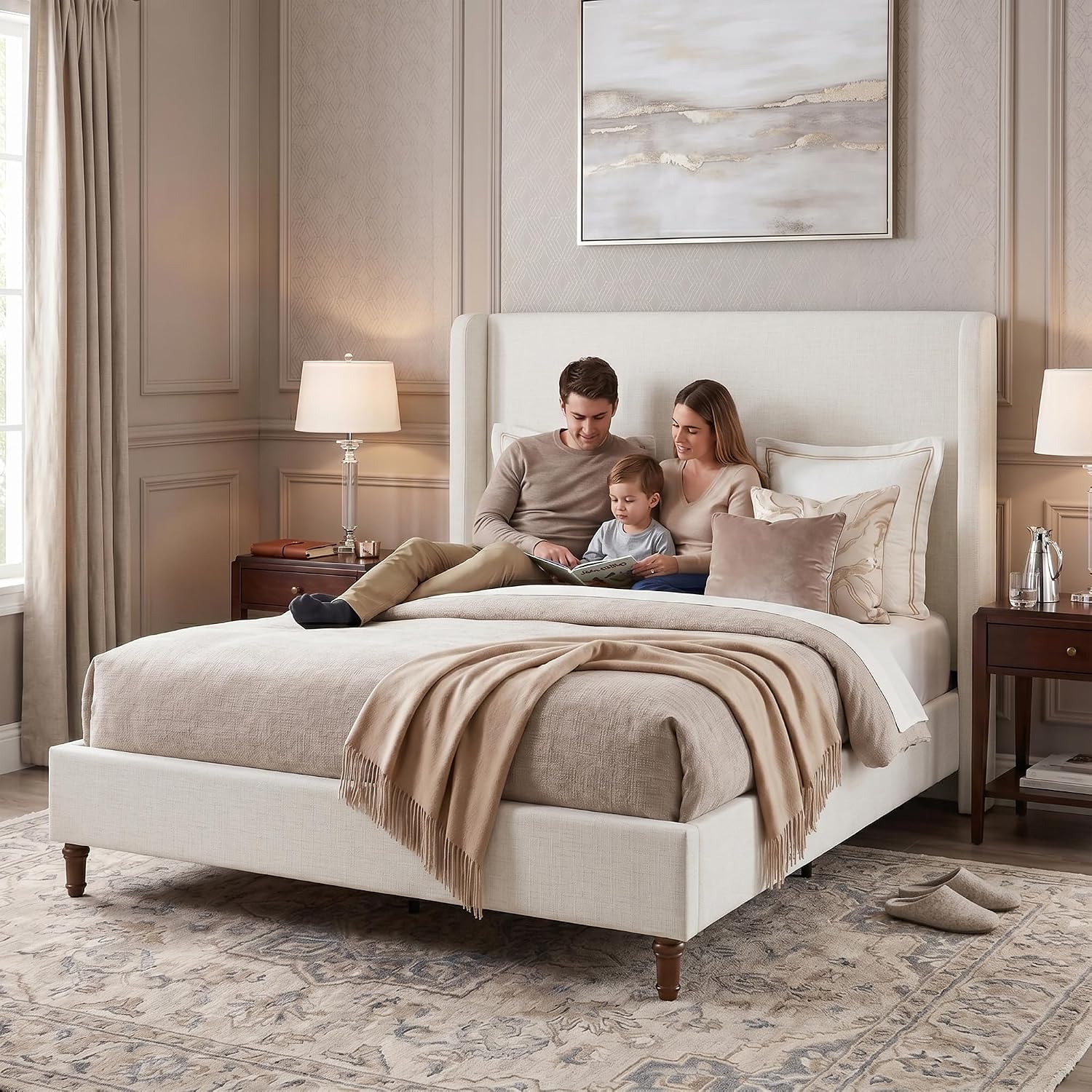 54" Extra-Tall Headboard Bed Frame - Heavy Duty Wingback Upholstered Platform Bed in Premium Chenille, Supports 1000lbs, No Box Spring Needed, Solid Wood Feet (Textured Ivory Canvas, King)