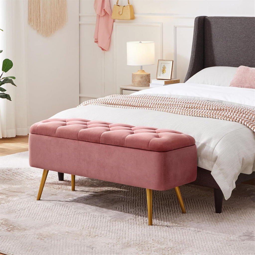 Yaheetech 43in Velvet Storage Ottoman Bench for Bedroom End of Bed, Pink | Button-Tufted Ottoman with 1.9C Storage Space, Tapered Gold Metal Legs, Sized for Entryway Living Room Window Seat