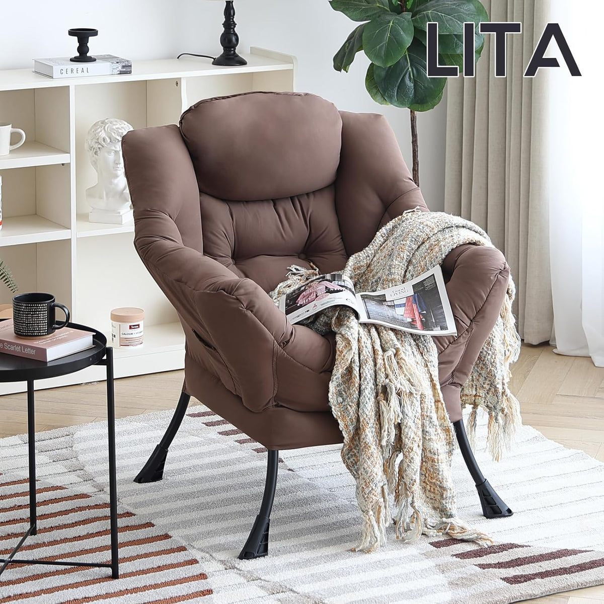 LITA Lazy Chair with Armrests and Side Pocket, Modern Upholstered Accent Reading Chair for Living Room, Bedroom, Dorm, Small Spaces, Single Dark Brown