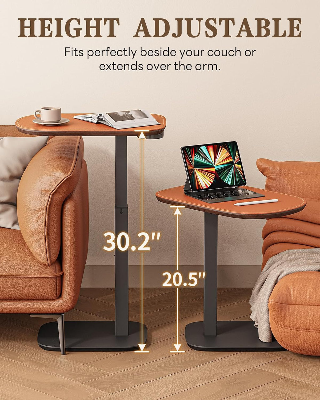 SAIJI Swivel Top TV Table Tray for Living Room Eating and Laptops | Height Adjustable, Heavy Duty Base, Large Size C Shaped Sofa Side Tables, End Tray Table, for Couch & Bedside with Cup Holder
