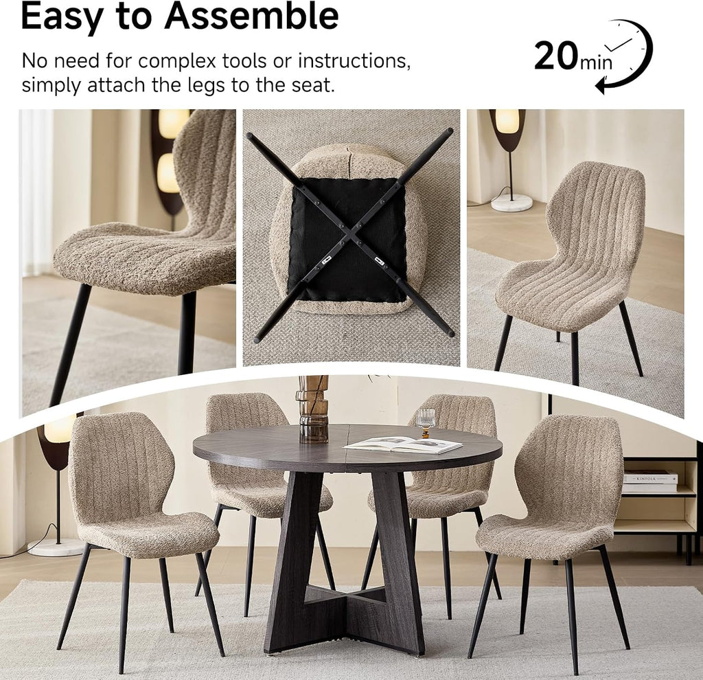 Modern Minimalist Dining Chairs Set of 4, Boucle Fabric, Brown | Thick High-Density Resilient Foam Cushion, Sturdy Metal Frame; Non-Slip Foot Caps Protect Floors, Perfect For Dining Room
