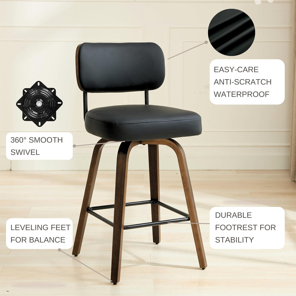 Swivel Bar Stools Set of 3, 26" Counter Height, Black | Walnut Wood Legs, Upholstered Seat, Supportive Backrest, Easy-Clean Faux Leather, Mid-Century Modern, 4-Inch Cushion