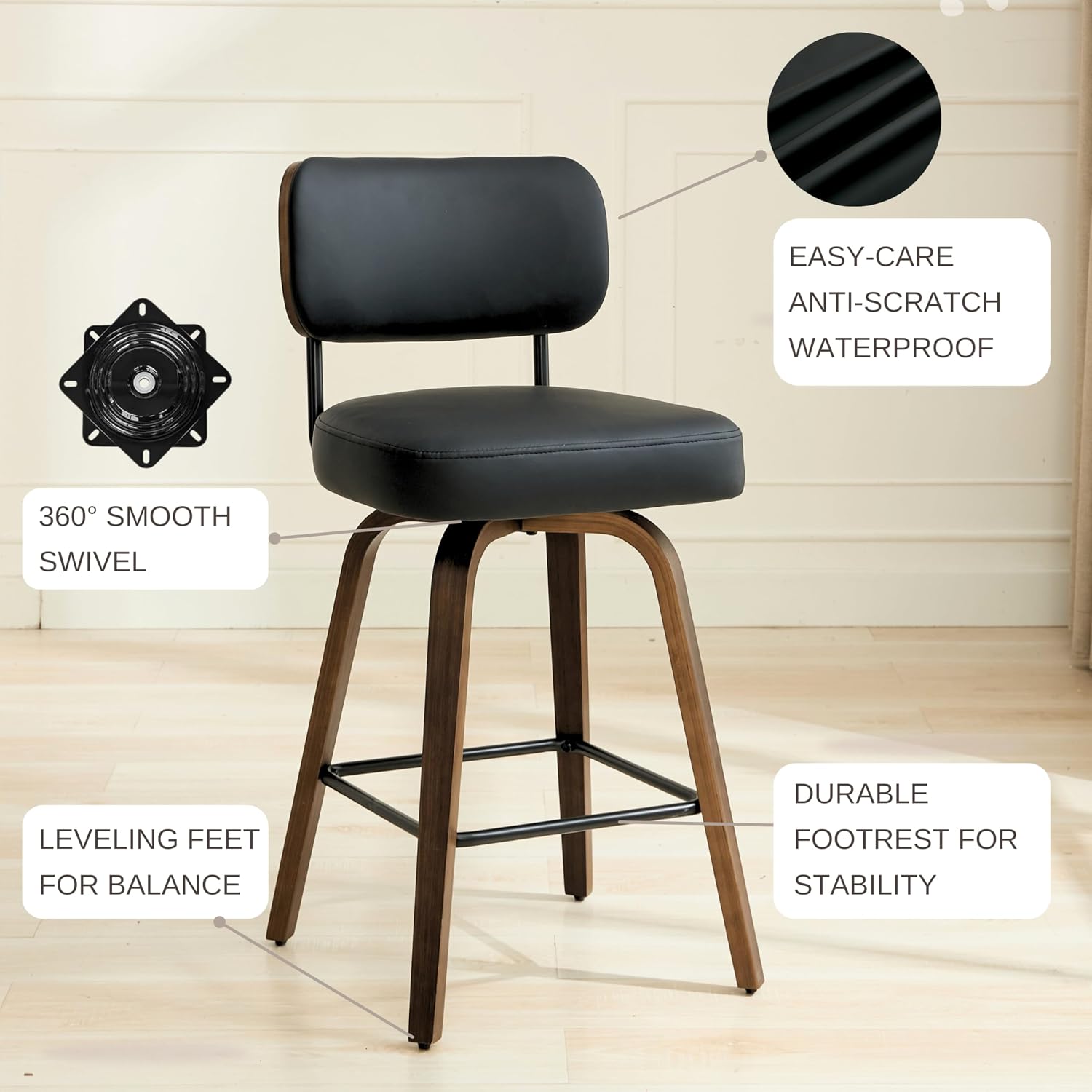 Swivel Bar Stools Set of 3, 26" Counter Height, Black | Walnut Wood Legs, Upholstered Seat, Supportive Backrest, Easy-Clean Faux Leather, Mid-Century Modern, 4-Inch Cushion