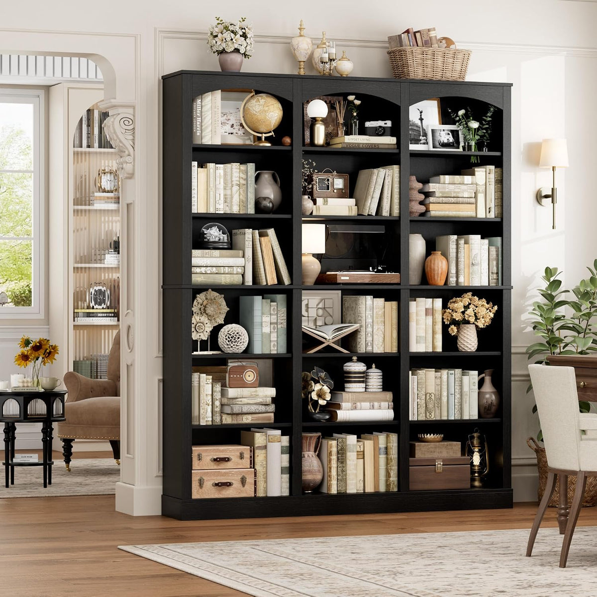 FACBOTALL 71" Triple Wide Bookshelf, 6 Tier Large Arch Black Bookcase
