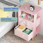 Aenuert Night Stand, Pink Nightstand with 2 Fabric Drawers, Wooden Side Table with Open Storage, 3-Tier Modern End Table, Bedside Table for Small Space, Living Room, Bedroom