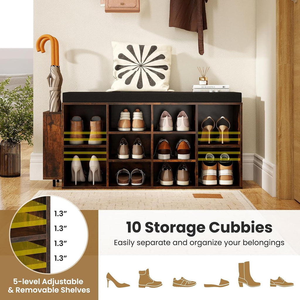 Giantex Shoe Storage Bench with Umbrella Stand, 10-Cubby Entryway Shoe Rack Organizer with Padded Seat, Adjustable & Removable Shelves for Hallway, Living Room & Bedroom (Rustic Brown)