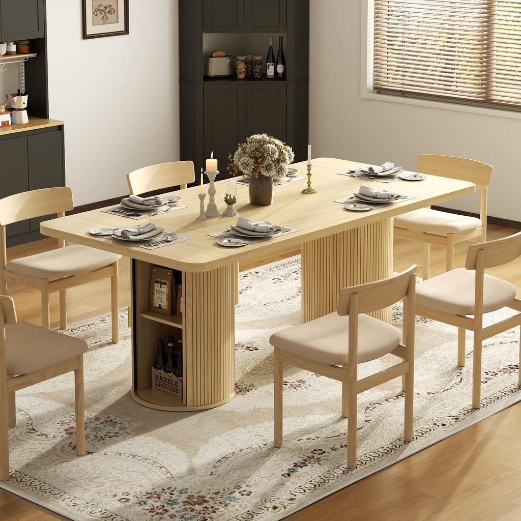 Gyfimoie 79" Dining Table for 8 to 10 People,Farmhouse Kitchen Dining Room Table with 2 Fluted Wood Strip Base & Slide Door,Mid Century Modern Dinner Table Furniture for Living Room,Kitchen,Natural