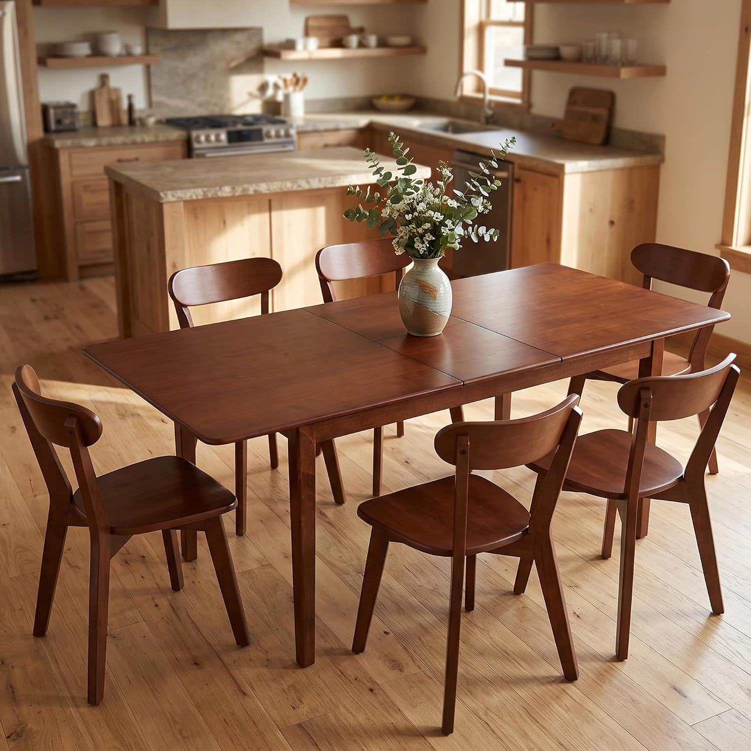 HNY Farmhouse Solid Wood Dining Chairs Set of 6, Mid Century Modern Armless Kitchen & Dining Room Chairs with Curved Back, 300 LBS Capacity, Walnut for Home, Apartment