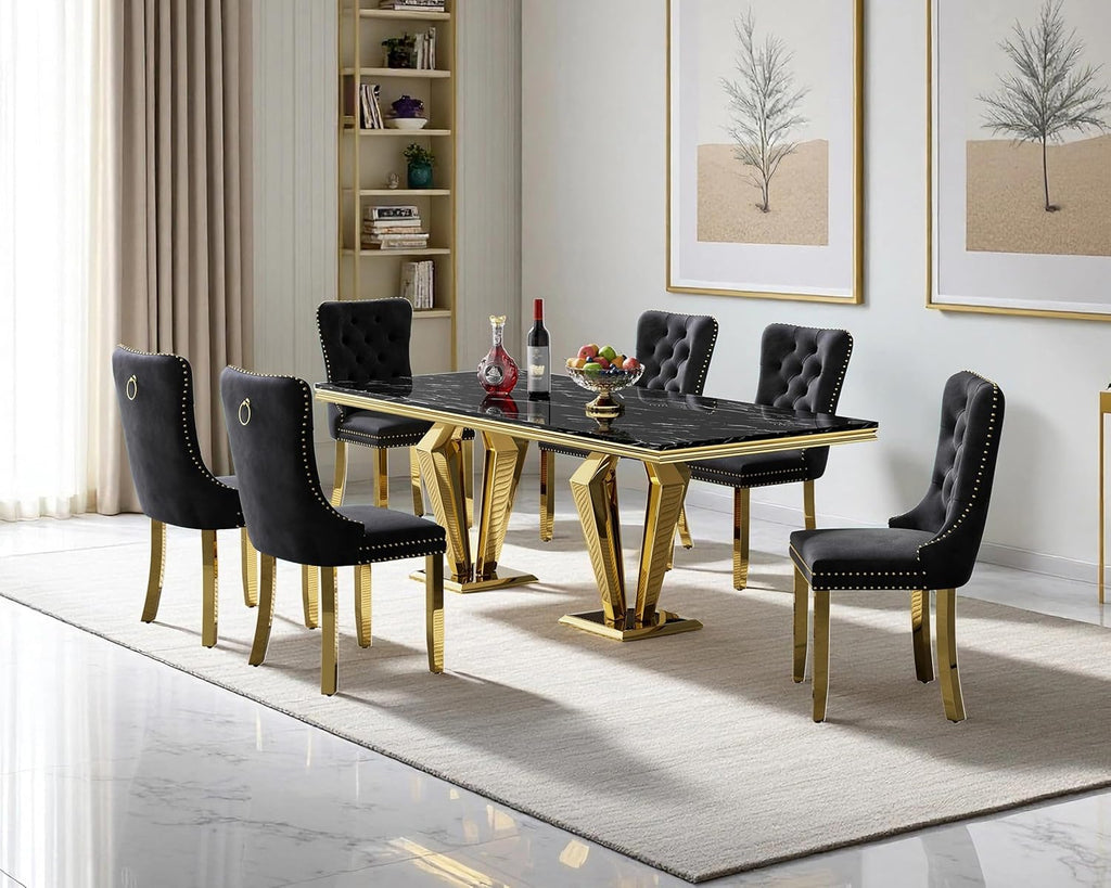 68" Faux Marble Dining Table Set for 6, Black Gold Dining Room Table with Stainless Steel Pedestal & 6 Black Velvet Dining Chairs, Modern Kitchen Table Chairs Set of 6, Luxury 7 Piece Dining Sets