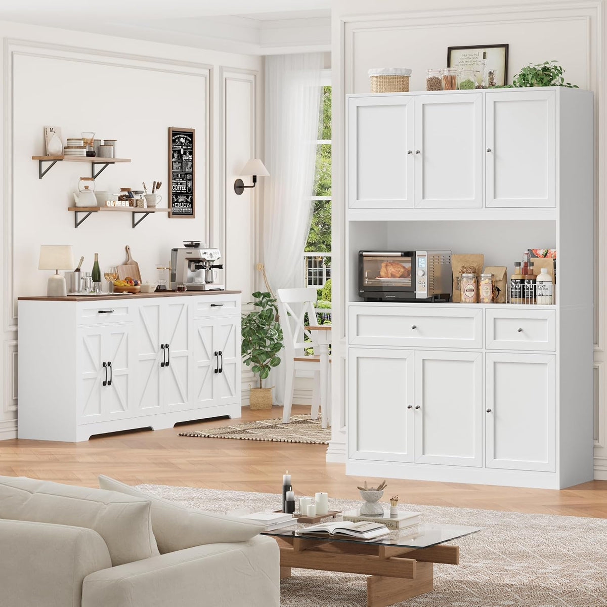 BOTLOG 2PCS Kitchen Cabinets, 71” Large Sideboard Buffet Cabinet with Storage, 72" Tall Pantry Cabinet with Microwave Stand, Wood Coffee Wine Bar Console Table for Kitchen, Dining Room, White