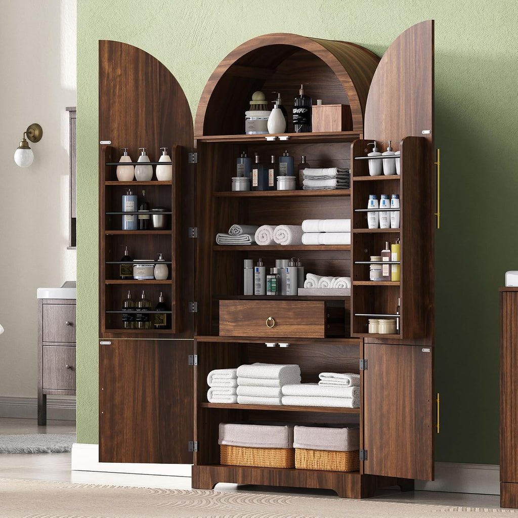Merax 72" Tall Arched Cabinet Kitchen Pantry with 4 Doors, Fluted Storage Cabinets with 3 Adjustable Shelves & 1 Hidden Drawer & 8 Door Shelves, Versatile Cupboard for Kitchen, Dining Room, Brown