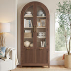 win2win Tall Arched Cabinet with Glass Doors, 69" Pantry Storage Cabinets with Fluted Doors & Adjustable Shelves, Mid Century Modern Wood Display Bookcase for Kitchen, Living Room, Bathroom, Walnut