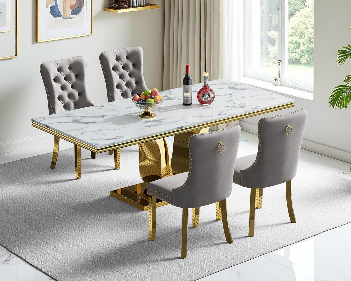 SSLine Modern White Marble Dining Table Set for 4,Luxury 68" Faux Marble Kitchen Table with Velvet Tufted Chairs for 4,5-Piece Dining Room Table Set with Gold Stainless Steel U-Shape Base