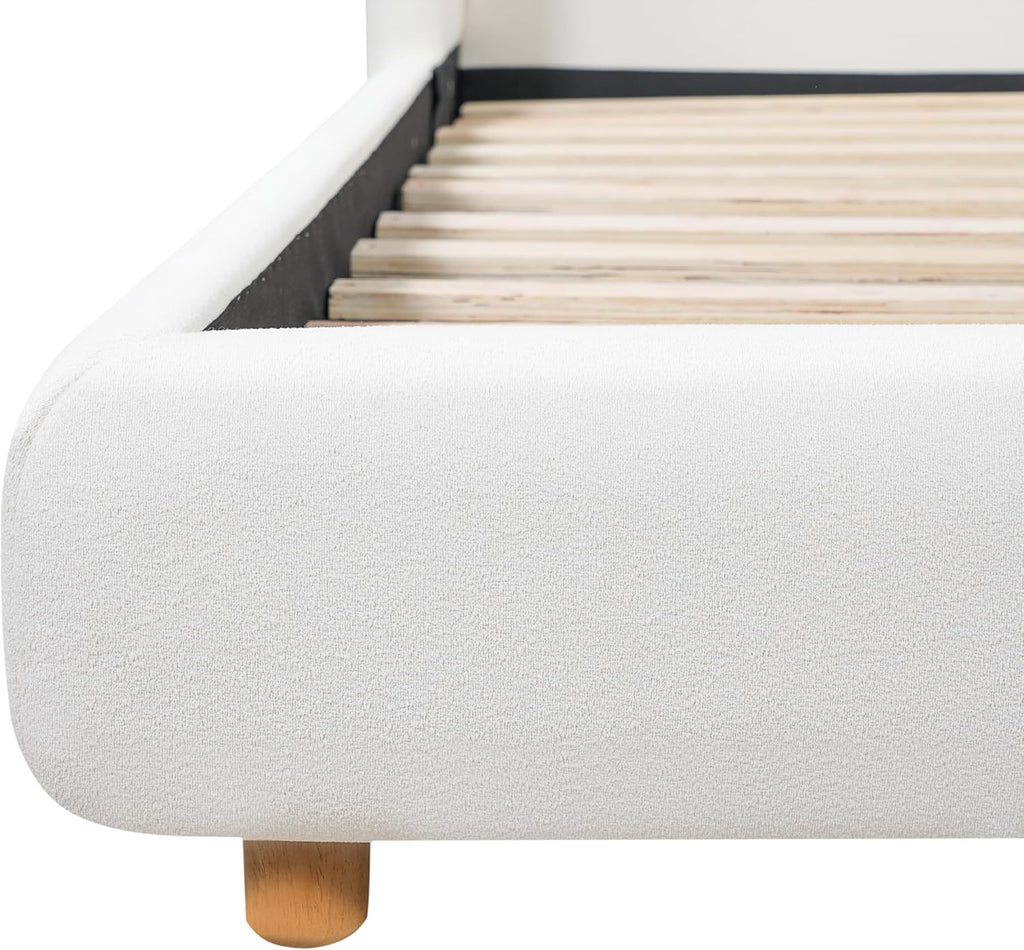 Christopher Knight Home Astry Boucle Upholstered Queen Size Bed Frame with Wingback Headboard, Modern Queen Bed Frame and Headboard, Wooden Slats Support, Easy Assembly, No Box Spring Needed, White