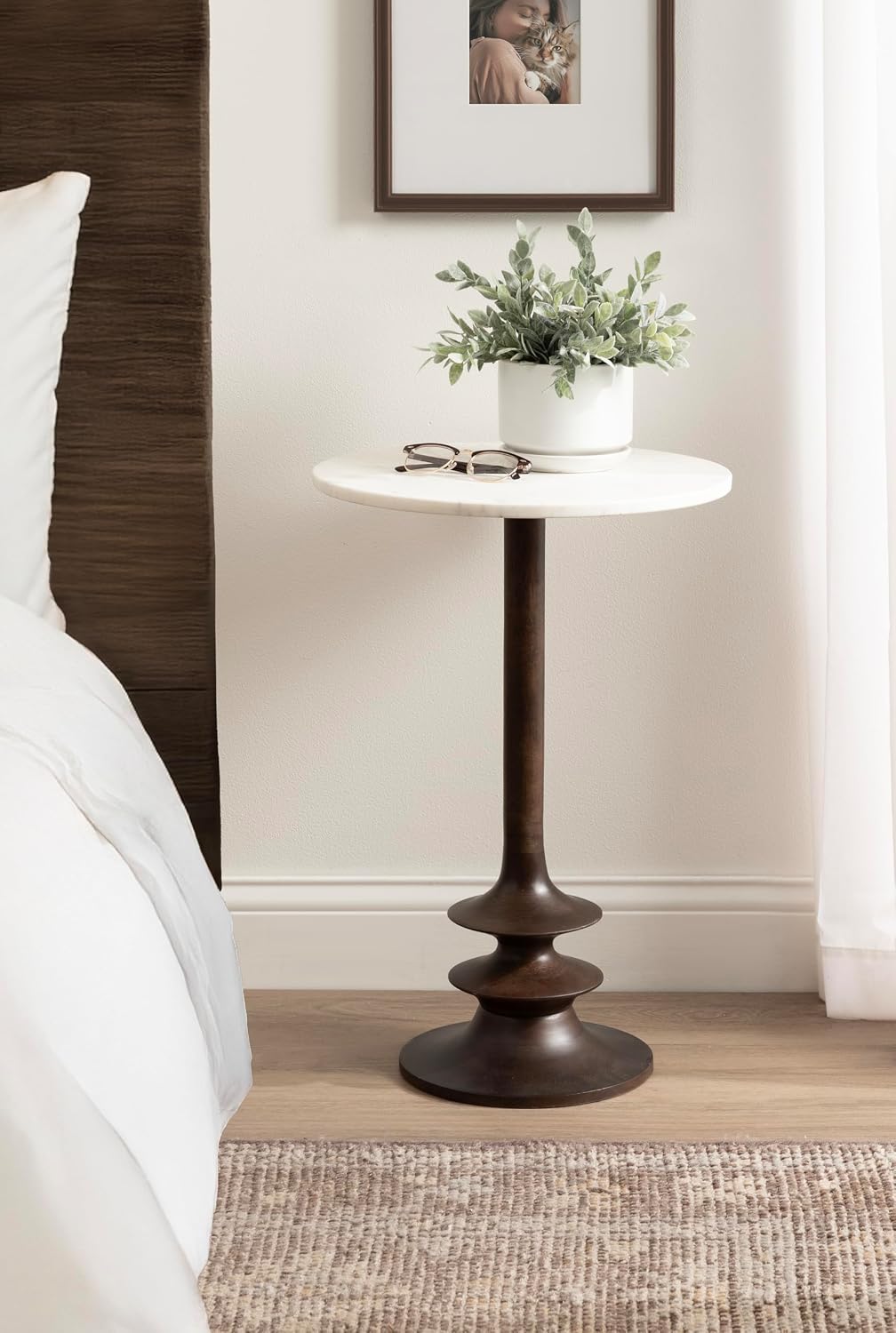 Kate and Laurel Squires Modern Marble Round Side Table, 16 x 16 x 24, White Marble and Dark Brown, Marble Top Circle End Table for Use as a Bedroom Nightstand or Living Room Plant Stand Option