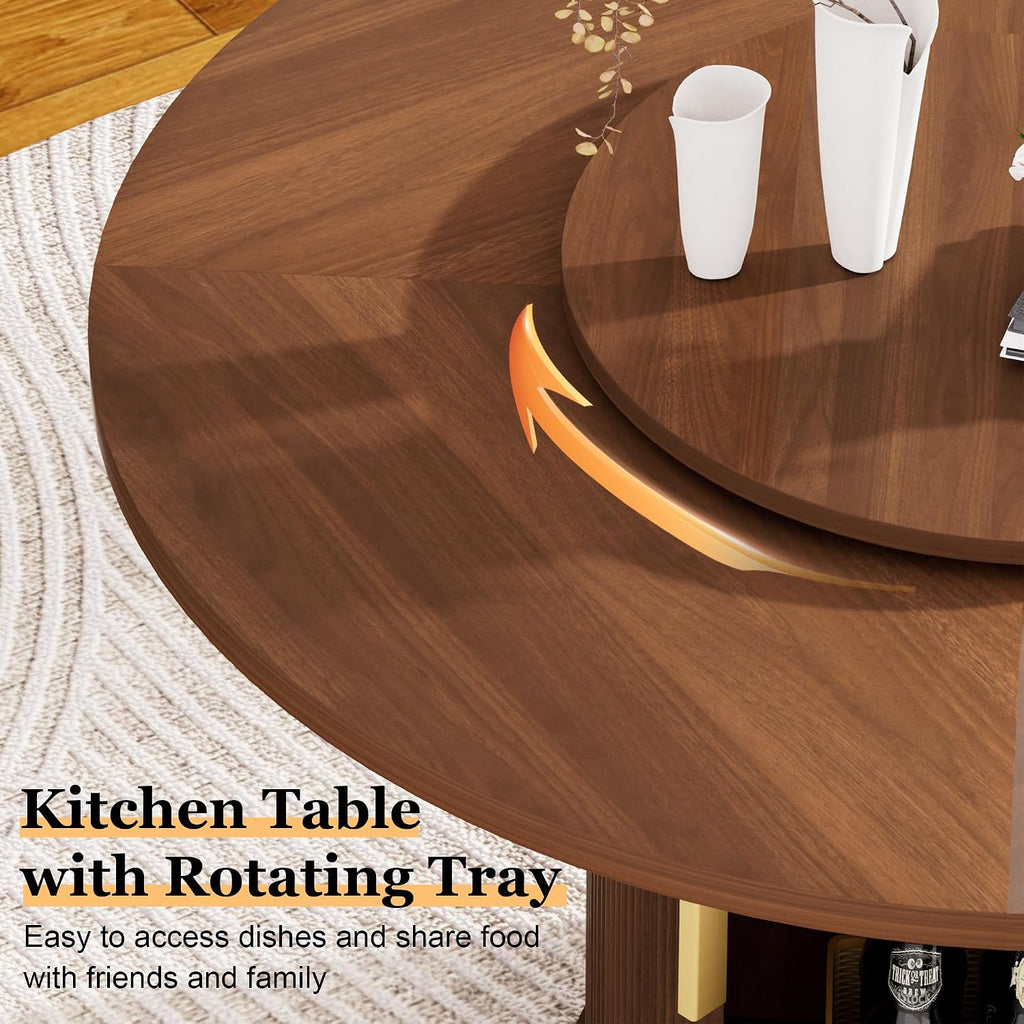 55'' Round Dining Table for 4-6, Mid-Century Modern Kitchen Table with Rotating Tray and 2-Layer Storage Shelf, Wood Slide Door Dining Room Table for Home Living Room, Walnut