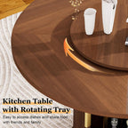 55'' Round Dining Table for 4-6, Mid-Century Modern Kitchen Table with Rotating Tray and 2-Layer Storage Shelf, Wood Slide Door Dining Room Table for Home Living Room, Walnut