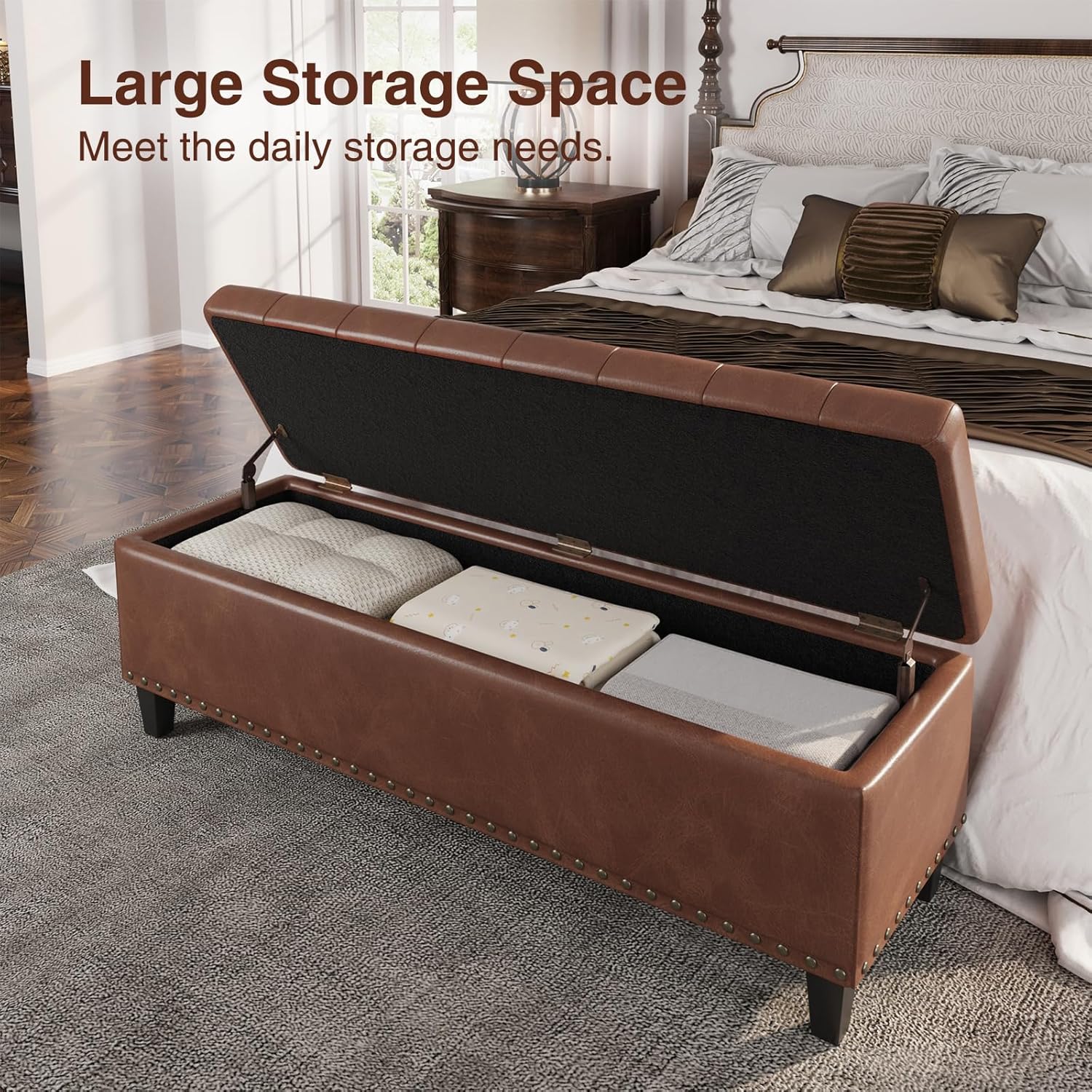 FiveWillowise 51 Inch Storage Ottoman Bench,Large End of Bed Storage Bench | Faux Leather Ottoman with Storage,30 Gallons,Upholstered,with Nailhead Trim,Legs,for Bedroom,Living Room,Entryway,Brown