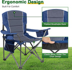 Oversized Padded High Back Camping Chairs,2 Pcs Heavy Duty Folding Chairs Support 500LBS with Cooler Bag,Cup Holder Cooler Bag, Collapsible Chairs for Outdoor, Tailgate, Fishing, Blue