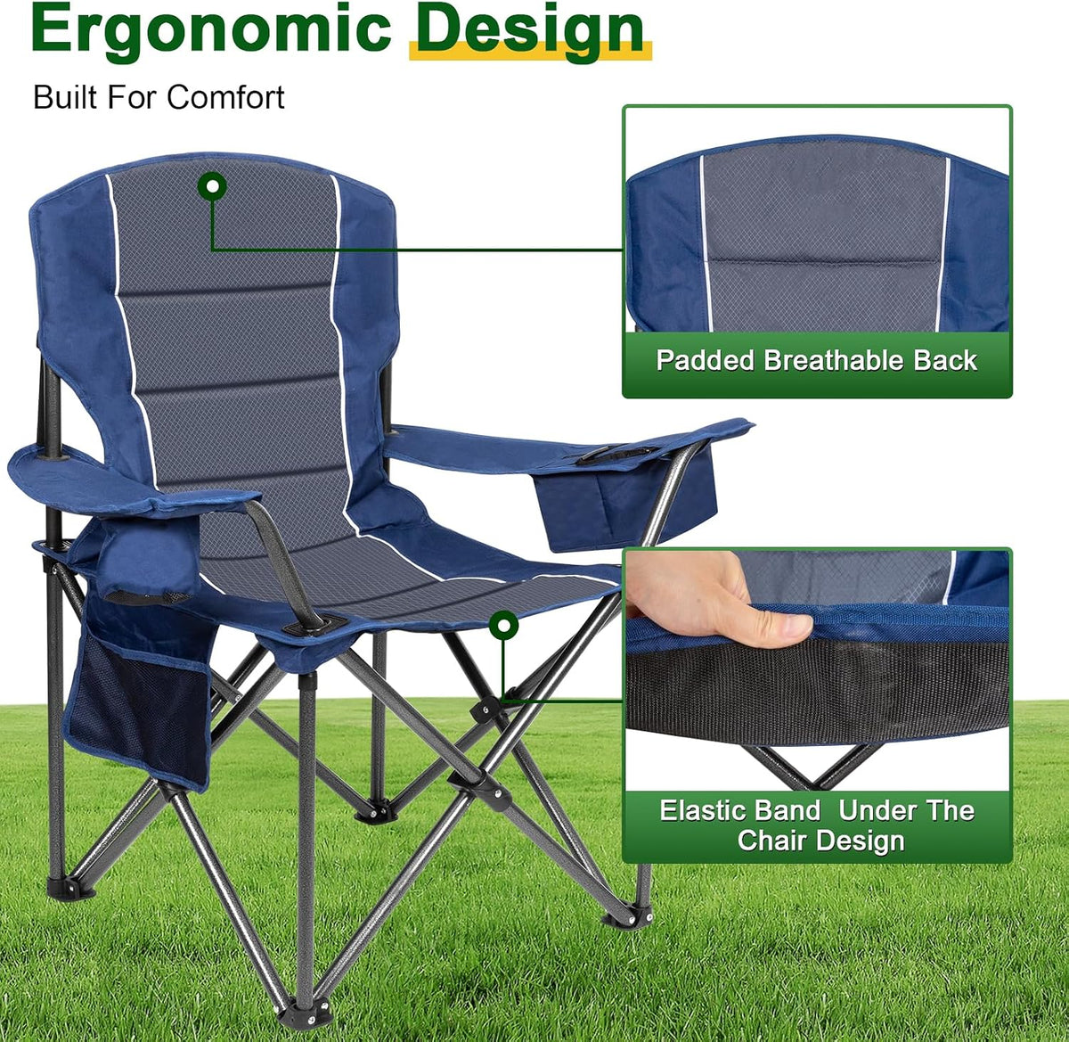 Oversized Padded High Back Camping Chairs,2 Pcs Heavy Duty Folding Chairs Support 500LBS with Cooler Bag,Cup Holder Cooler Bag, Collapsible Chairs for Outdoor, Tailgate, Fishing, Blue