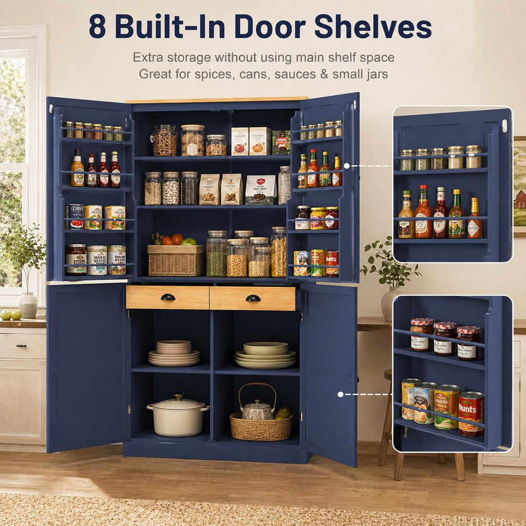 Kitchen Pantry Cabinet, 40.2" W x 20" D x 71.3" H Large Freestanding Pantry Storage Cabinet with 4 Doors, 2 Drawers, 8 Door Shelves, 2 Adjustable Shelves, Farmhouse Kitchen Cupboard (Blue)