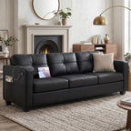 TYBOATLE 88'' Black Faux Leather Couch with USB, 3-Seater | Faux Leather Sofa for Living Room, Mid-Century Modern, Tufted Design, Wider Arms, Side Pockets, Office, Apartment, Bedroom