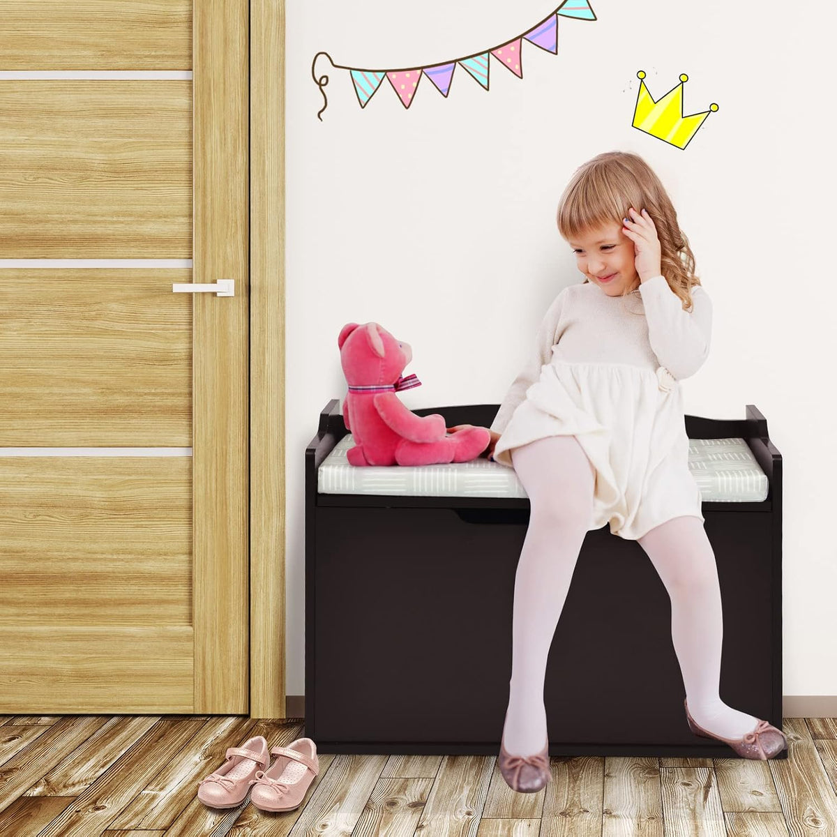 Costzon Modern Espresso Wooden Toy Chest with Bench Seat, Toy Storage Trunk Case, Finger-Pinch Prevention, Lift-Top Foot Rest Seat for Toddler Bedroom Playroom Entry
