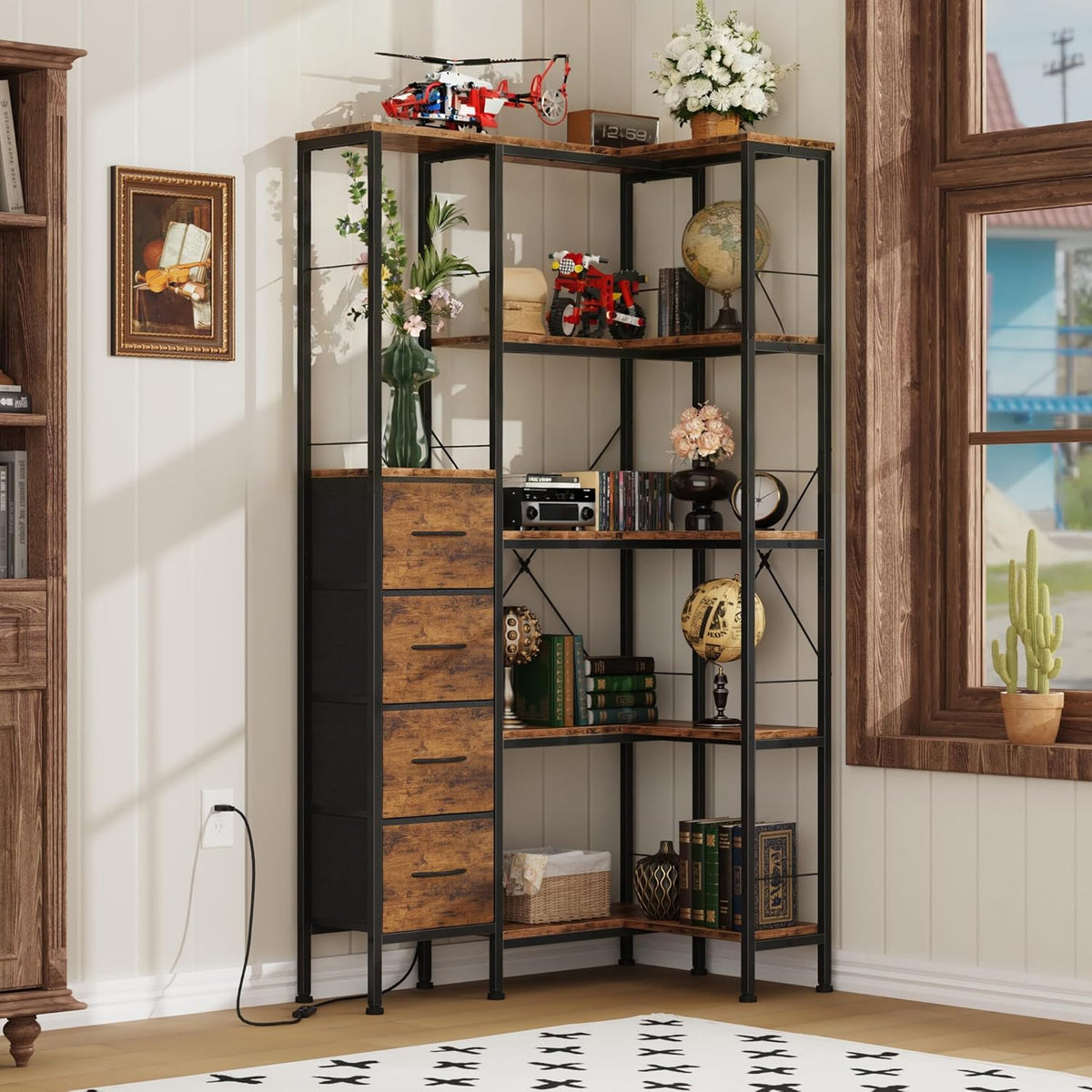 AFLUI 5-Tier Corner Bookshelf with LED Light Strips, 4 Fabric Drawers