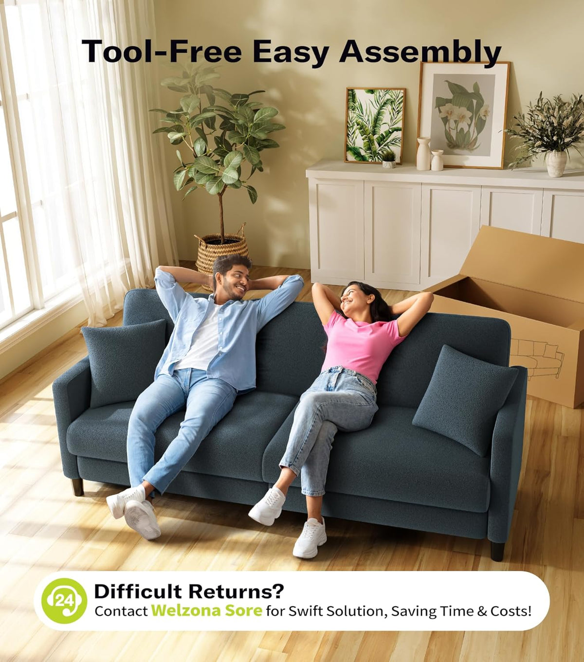 Welzona Couches for Living Room, 83"Teddy Sofa Couch, Sofas for Living Room | Tool-Free Setup Loveseat Sofa, All-Wood Love Seat Couches, 7.5"Spring Seat Cushion, Small Couch Bedroom, 2 Pillows, Blue Grey
