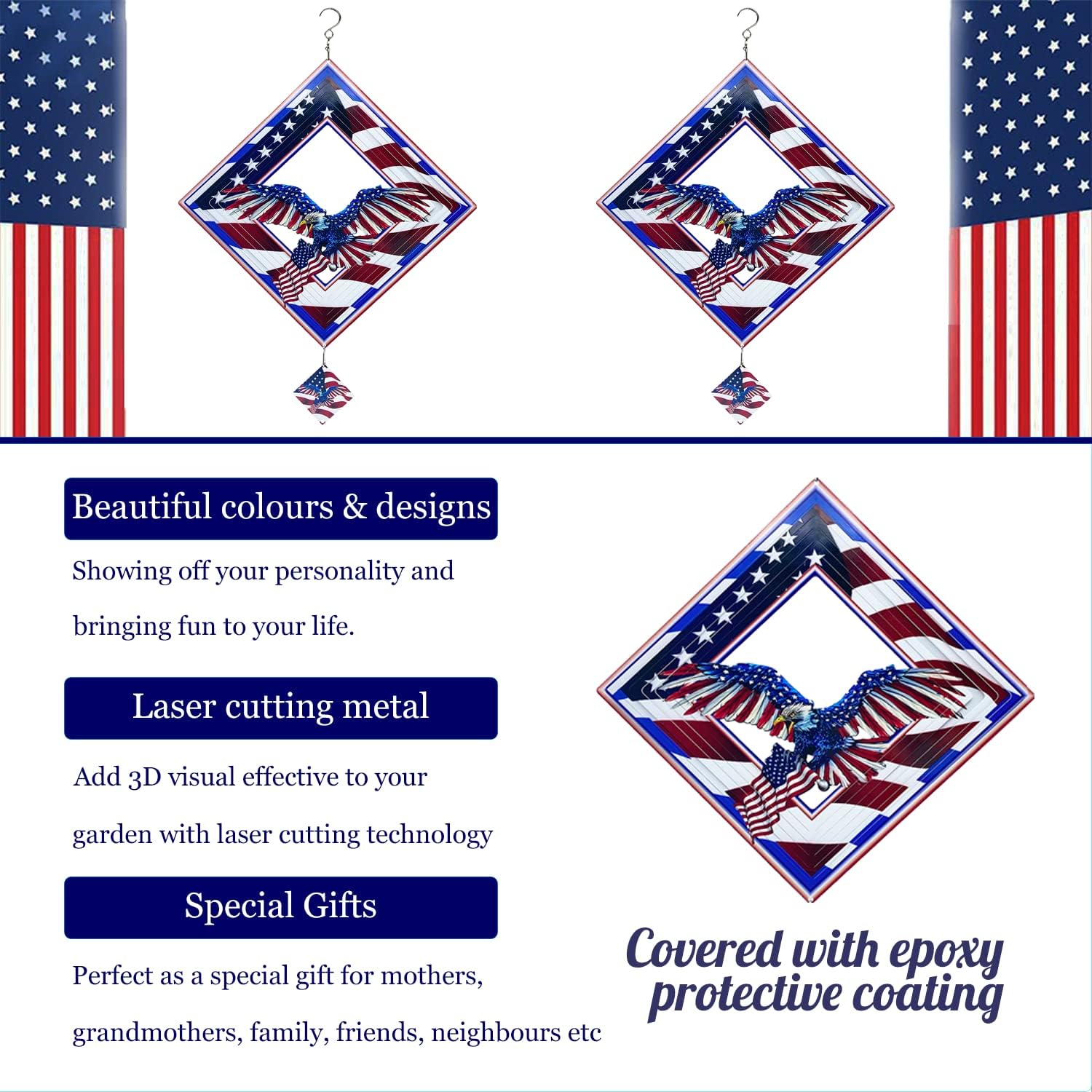 Eagle Wind Spinners for Yard and Garden,Wind Spinner Hanging,3D Metal Wind Catchers,12in American Flag Kinetic Spinner,Fourth of July Independence Day Party Decorations for Indoor Outdoor(Rhombus)