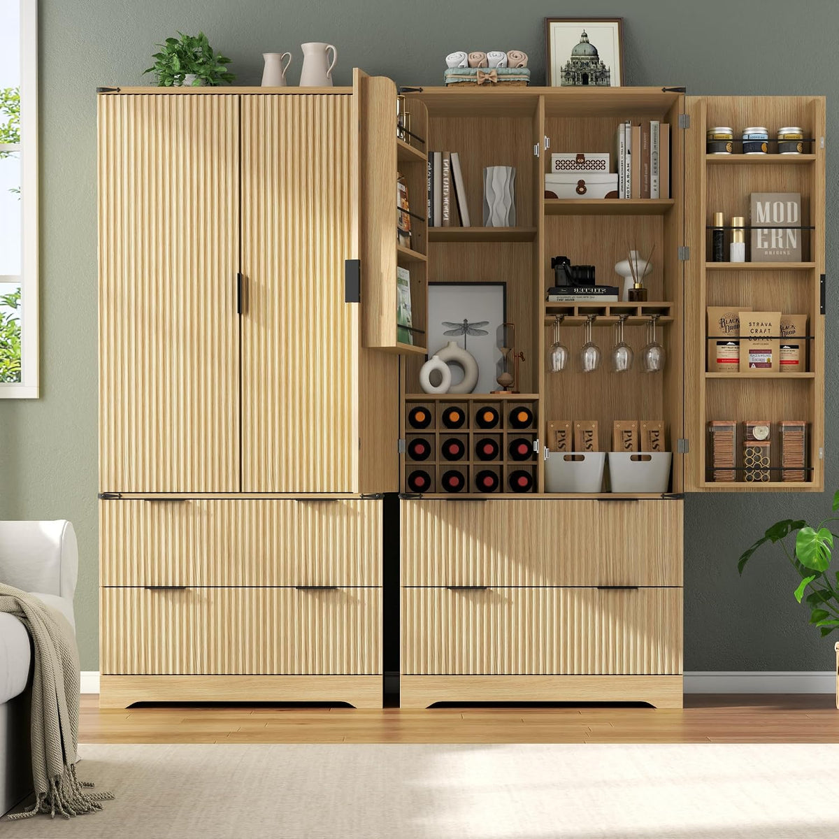 Loomie 71" Tall Kitchen Pantry Cabinet, Modern Fluted Storage Cabinet w/2 Drawers, 5 Adjustable Shelves & 7 Door Shelves, Wine Bar Cabinet w/Wine Rack & Glass Holder, Cupboard for Kitchen (Natural)