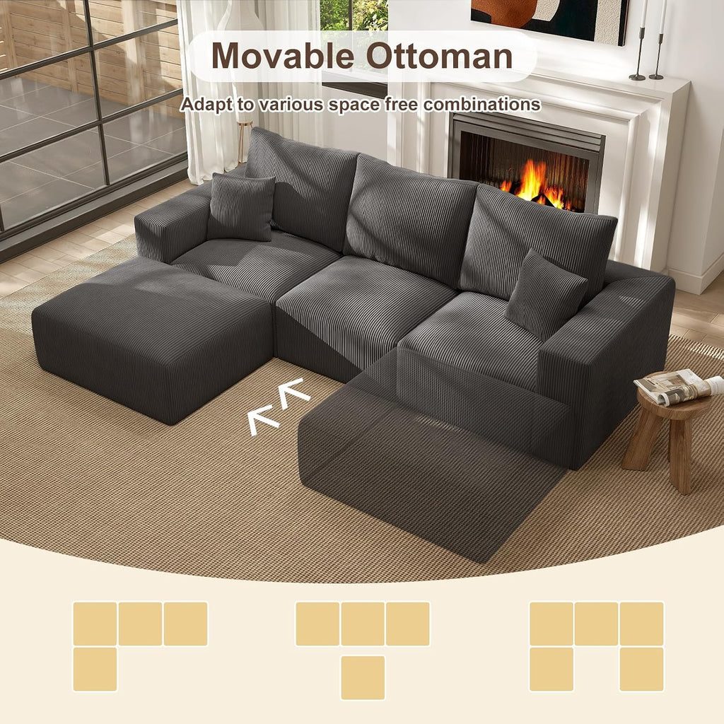 2 Square Cloud Footstool for Living Room, No Assembly Modular Corduroy Convertible Seat, Modern Style Sofa Accessory for Lounge or Bedroom