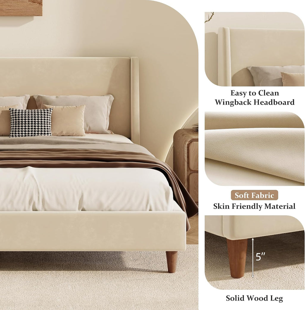 Merax King Size Velvet Bed Frame with Wingback Headboard, Upholstered Platform Bedframe with Solid Wooden Leg, Wood Slats for Bedroom, No Box Spring Needed, Easy Assembly, Modern Luxury Style, Beige