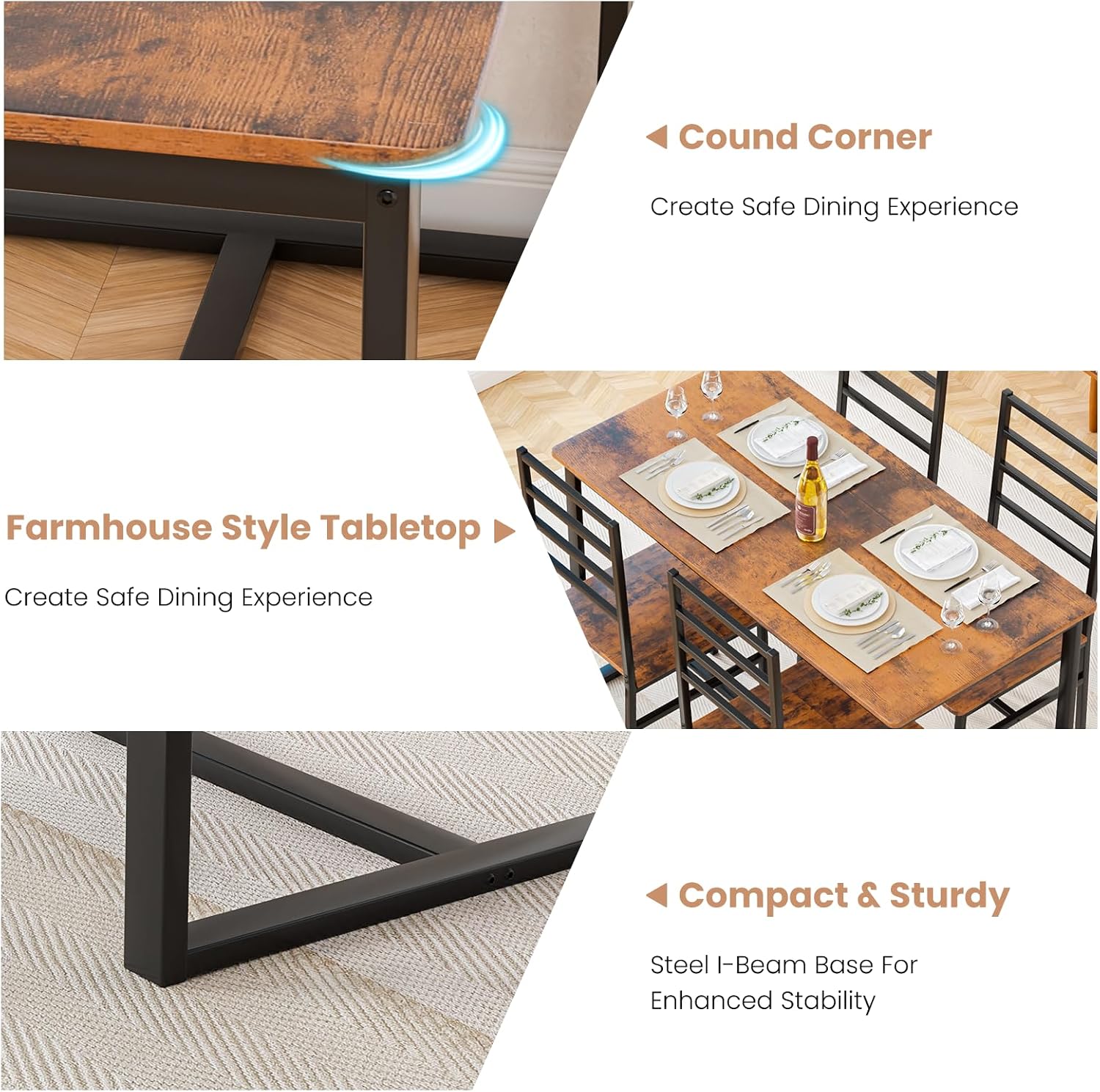 Kitchen Dining Table Set for 4, 5-Piece Kitchen Table and Chairs, Base Reinforcement Structure Dining Room Table Sets, Dining Table with 4 Chairs for Small Space, Dinette, Apartment