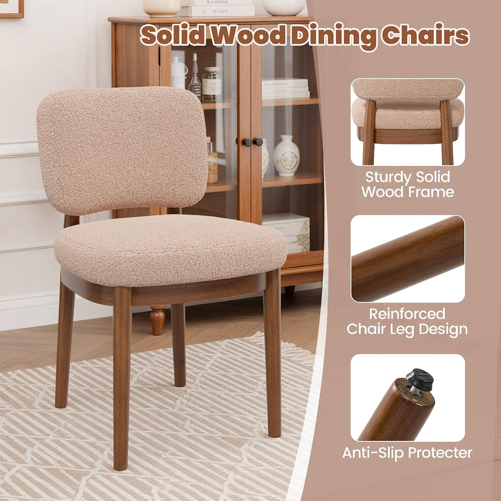 Wooden Dining Chairs Set of 2, Boucle Upholstered Kitchen Chairs with Solid Wood Legs, Mid Century Modern Dining Chairs, Farmhouse Side Chair with Hardwood Frame for Dining Room, Khaki